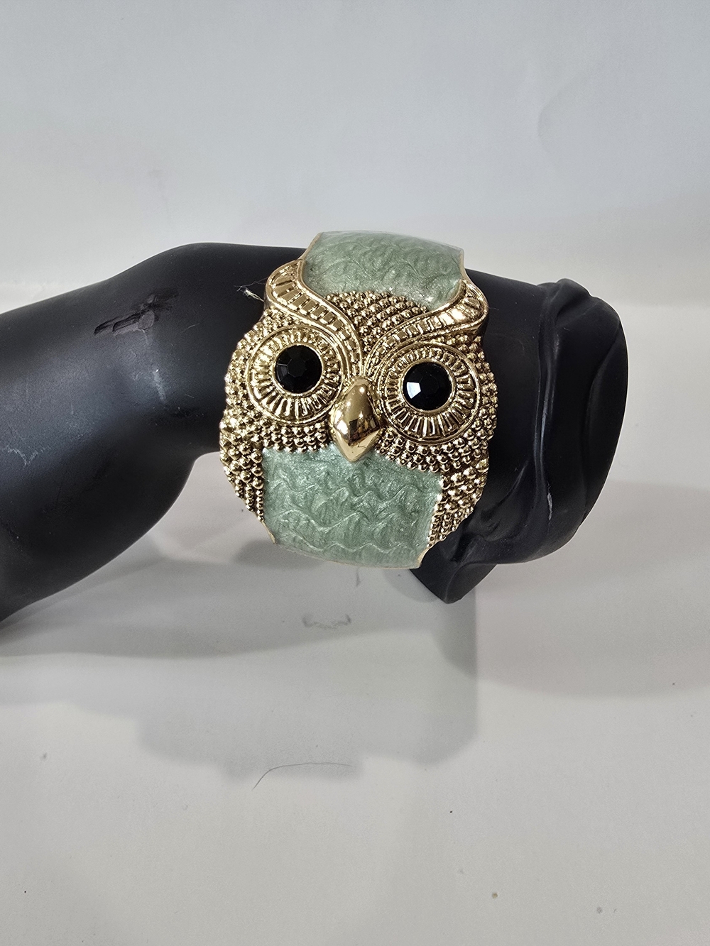 Gold-Tone Owl Cuff Bracelet with Mint Green Inlay
